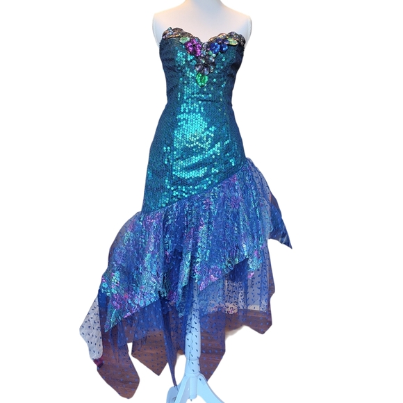 loralie original Dresses & Skirts - Vintage 80s Loralie Original Green Blue Teal Sequin Mesh Strapless Mermaid Dress